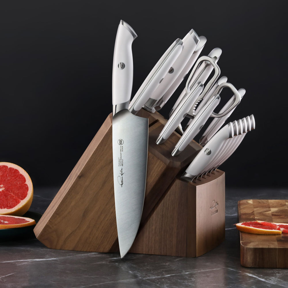 
                  
                    Load image into Gallery viewer, TKSC 17-Piece Knife Block Set, Forged Swedish Powder Steel, Walnut, Thomas Keller Signature Collection, White, 1025590
                  
                