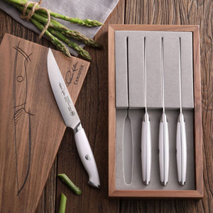 
                  
                    Load image into Gallery viewer, TKSC 4-Piece Fine Edge Steak Knife Set w/ Walnut Box, Forged Swedish Powder Steel, Thomas Keller Signature Collection, 1025552
                  
                