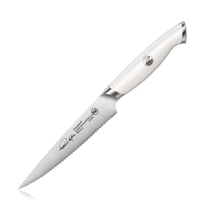 
                  
                    Load image into Gallery viewer, TKSC 5-Inch Serrated Utility Knife, Forged Swedish Powder Steel, Thomas Keller Signature Collection, White, 1025491
                  
                