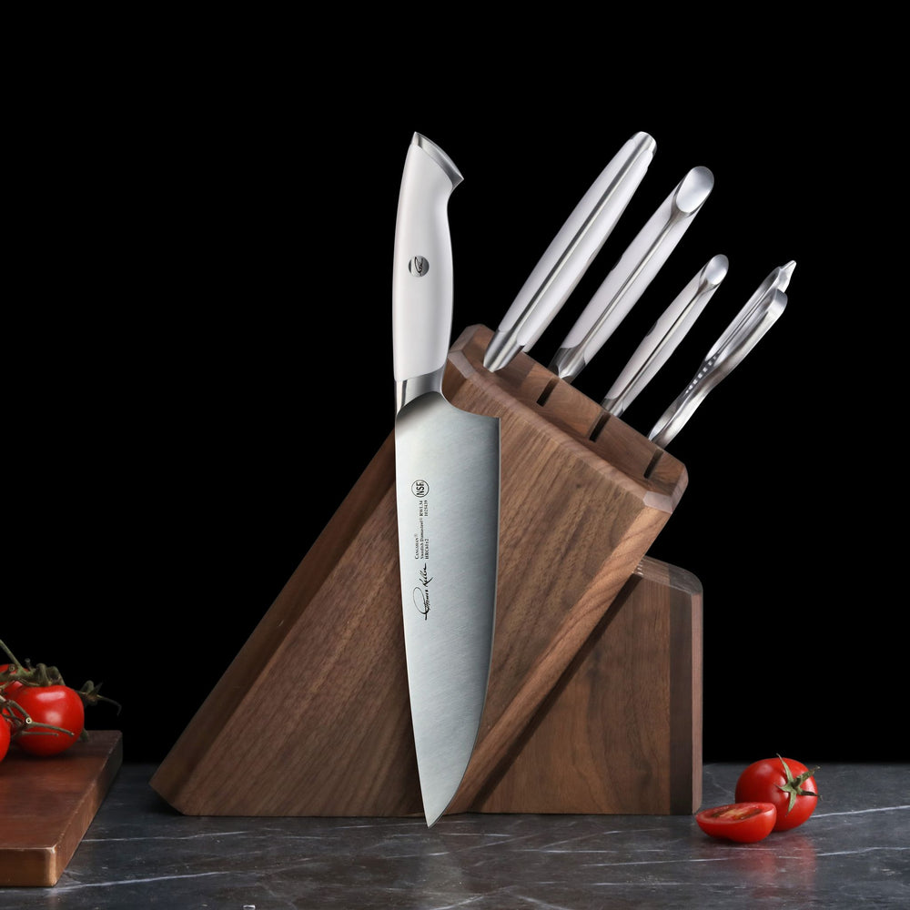 
                  
                    Load image into Gallery viewer, TKSC 7-Piece Knife Block Set with 8 Spare Slots, Forged Swedish Powder Steel, Walnut, Thomas Keller Signature Collection, White, 1025583
                  
                