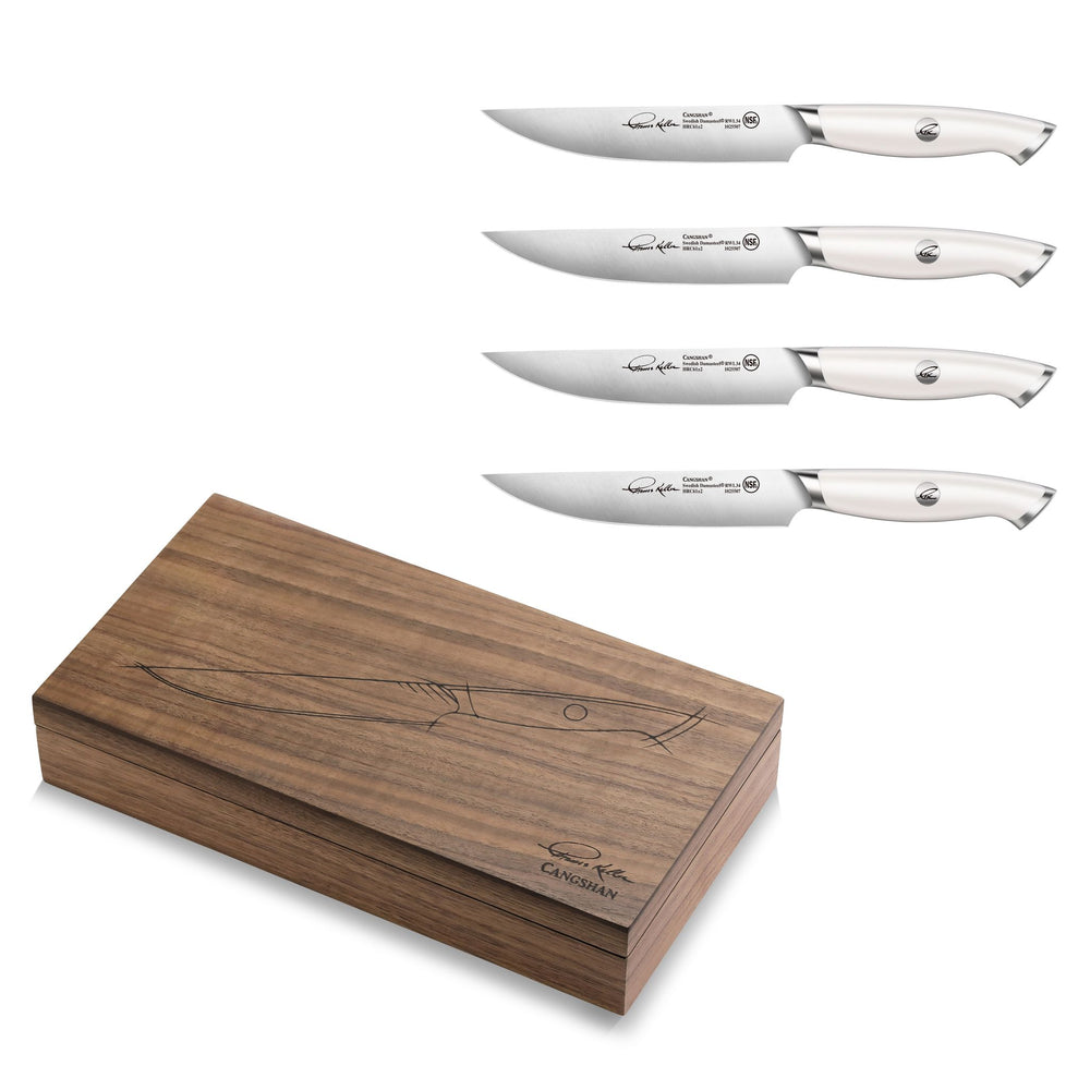 
                  
                    Load image into Gallery viewer, TKSC 4-Piece Fine Edge Steak Knife Set w/ Walnut Box, Forged Swedish Powder Steel, Thomas Keller Signature Collection, 1025552
                  
                