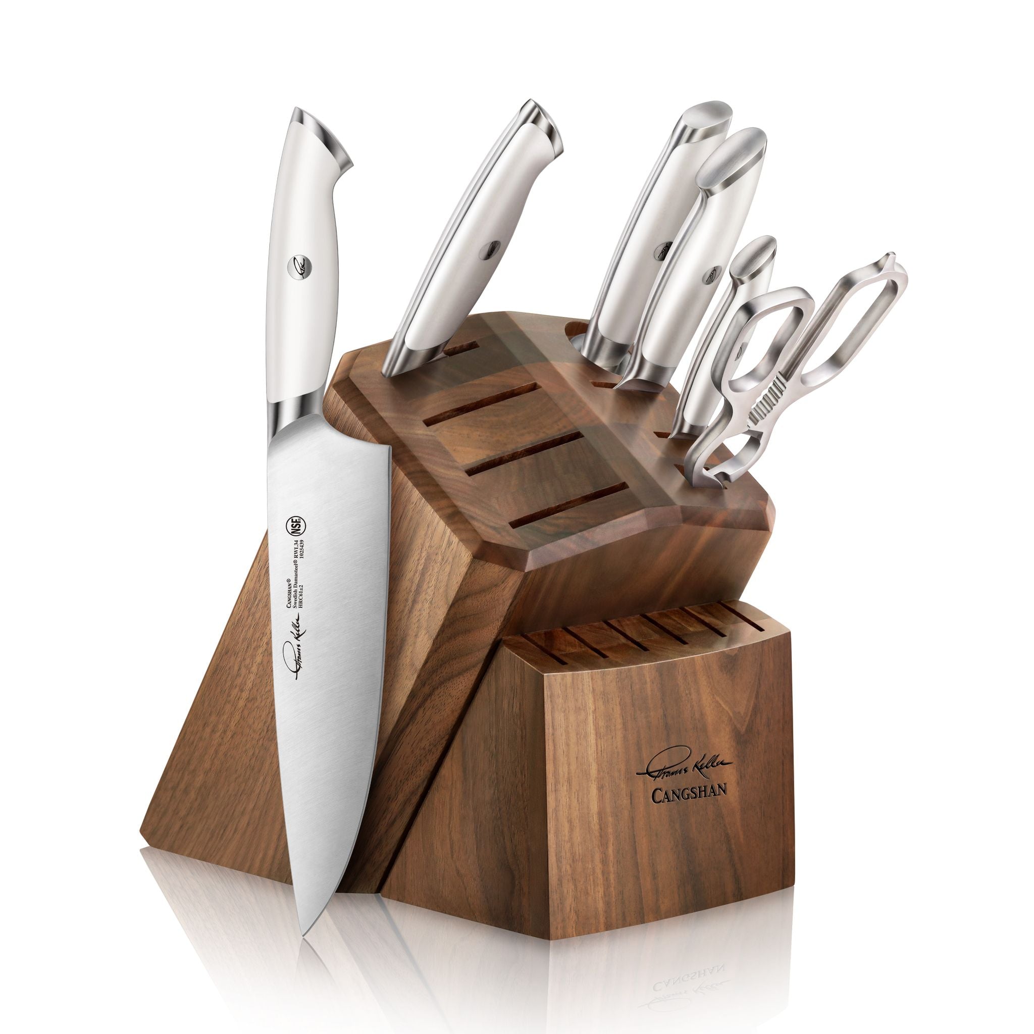 TKSC 7-Piece Knife Block Set with 8 Spare Slots, Forged Swedish Powder Steel, Walnut, Thomas Keller Signature Collection, White, 1025583