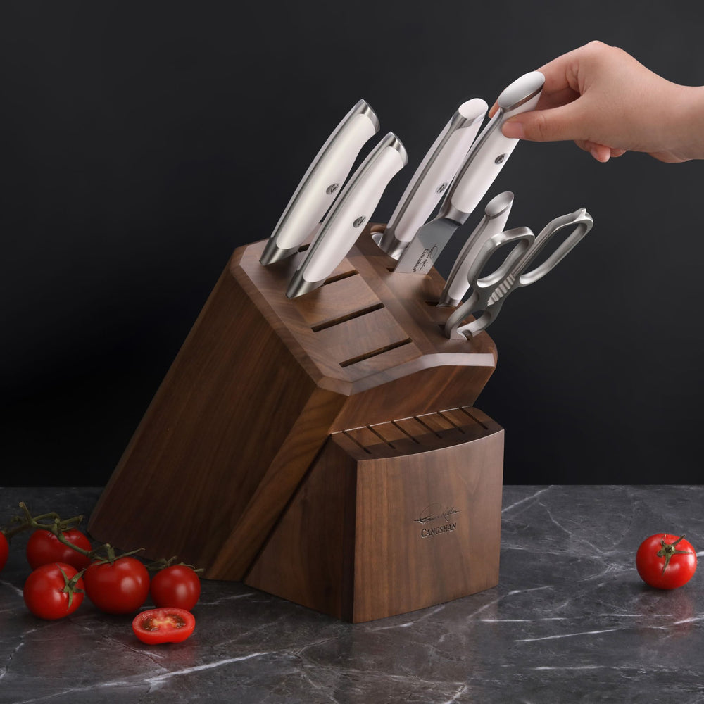 
                  
                    Load image into Gallery viewer, TKSC 7-Piece Knife Block Set with 8 Spare Slots, Forged Swedish Powder Steel, Walnut, Thomas Keller Signature Collection, White, 1025583
                  
                