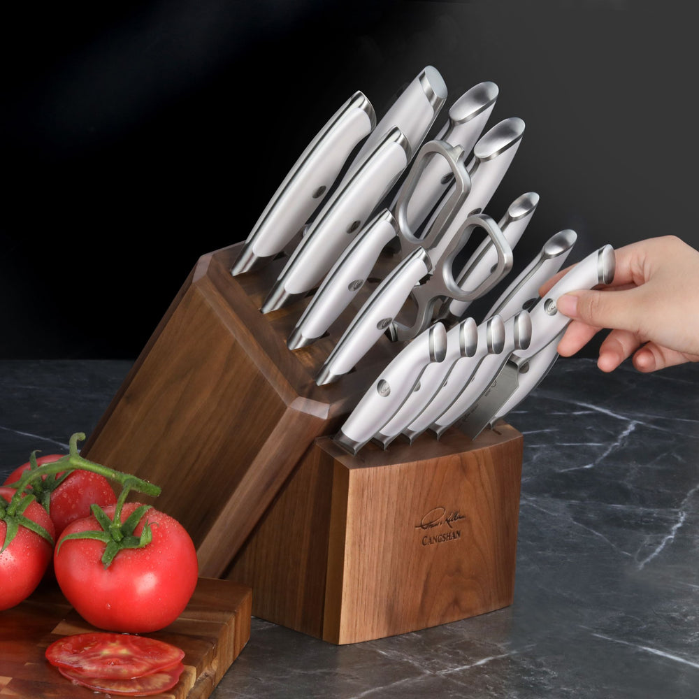 
                  
                    Load image into Gallery viewer, TKSC 17-Piece Knife Block Set, Forged Swedish Powder Steel, Walnut, Thomas Keller Signature Collection, White, 1025590
                  
                