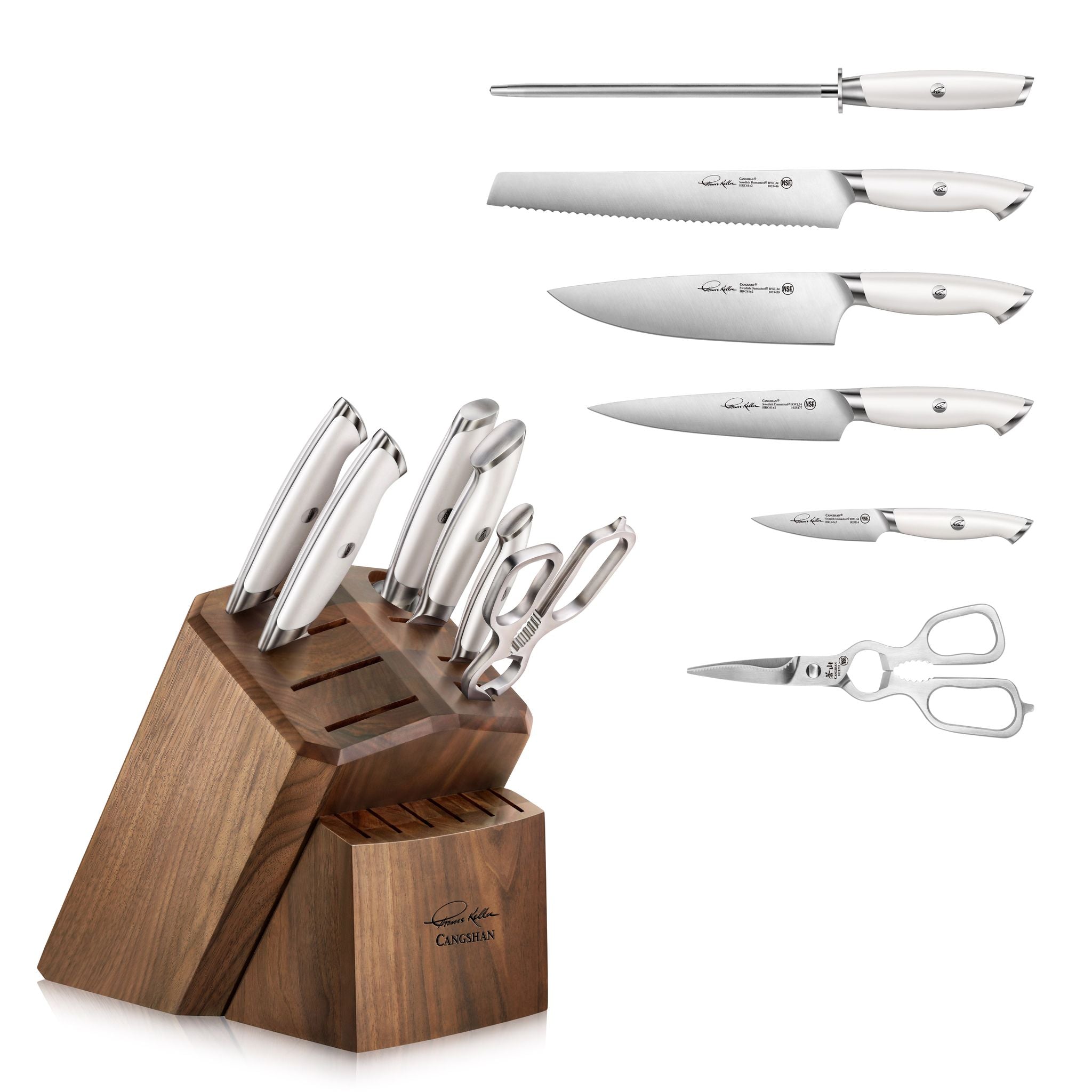 TKSC 7-Piece Knife Block Set with 8 Spare Slots, Forged Swedish Powder Steel, Walnut, Thomas Keller Signature Collection, White, 1025583