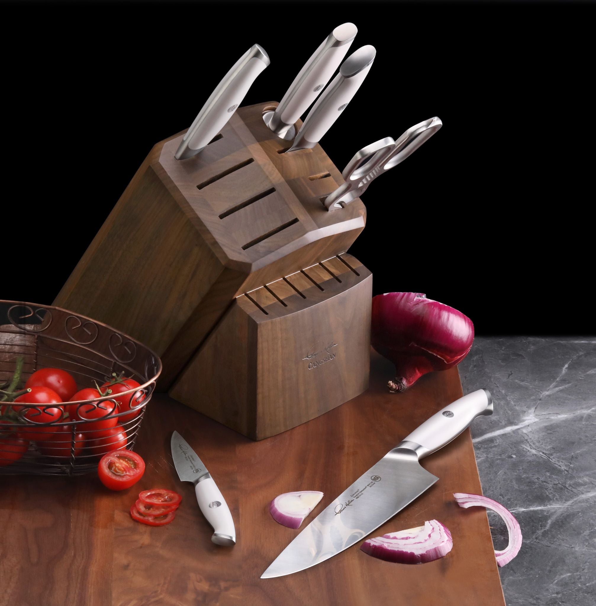 TKSC 7-Piece Knife Block Set with 8 Spare Slots, Forged Swedish Powder Steel, Walnut, Thomas Keller Signature Collection, White, 1025583