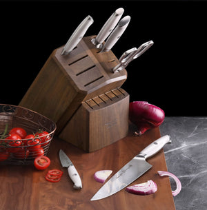 
                  
                    Load image into Gallery viewer, TKSC 7-Piece Knife Block Set with 8 Spare Slots, Forged Swedish Powder Steel, Walnut, Thomas Keller Signature Collection, White, 1025583
                  
                